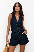 Denim Buckle Vest & Shorts Set