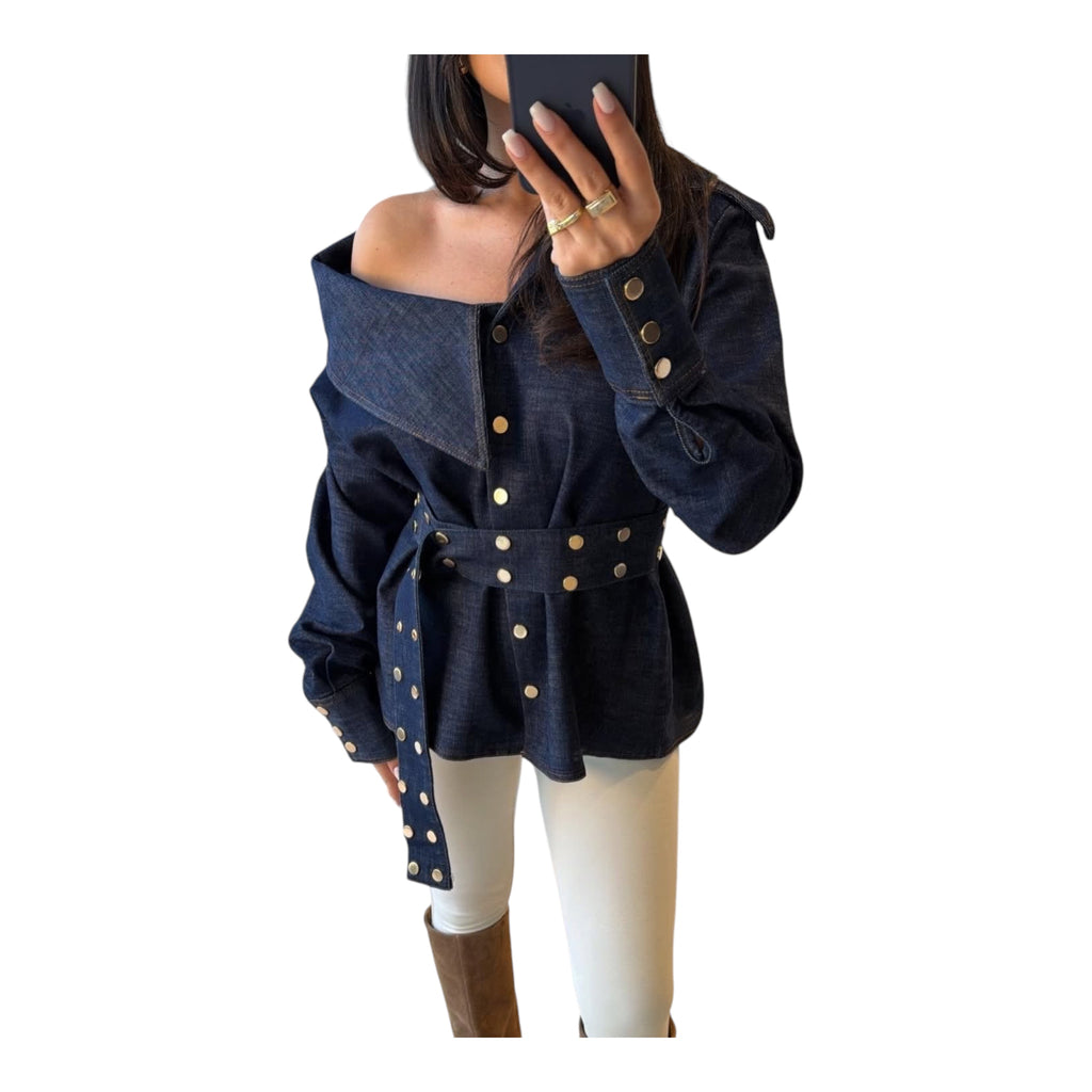 Denim Off-Shoulder Belted Top