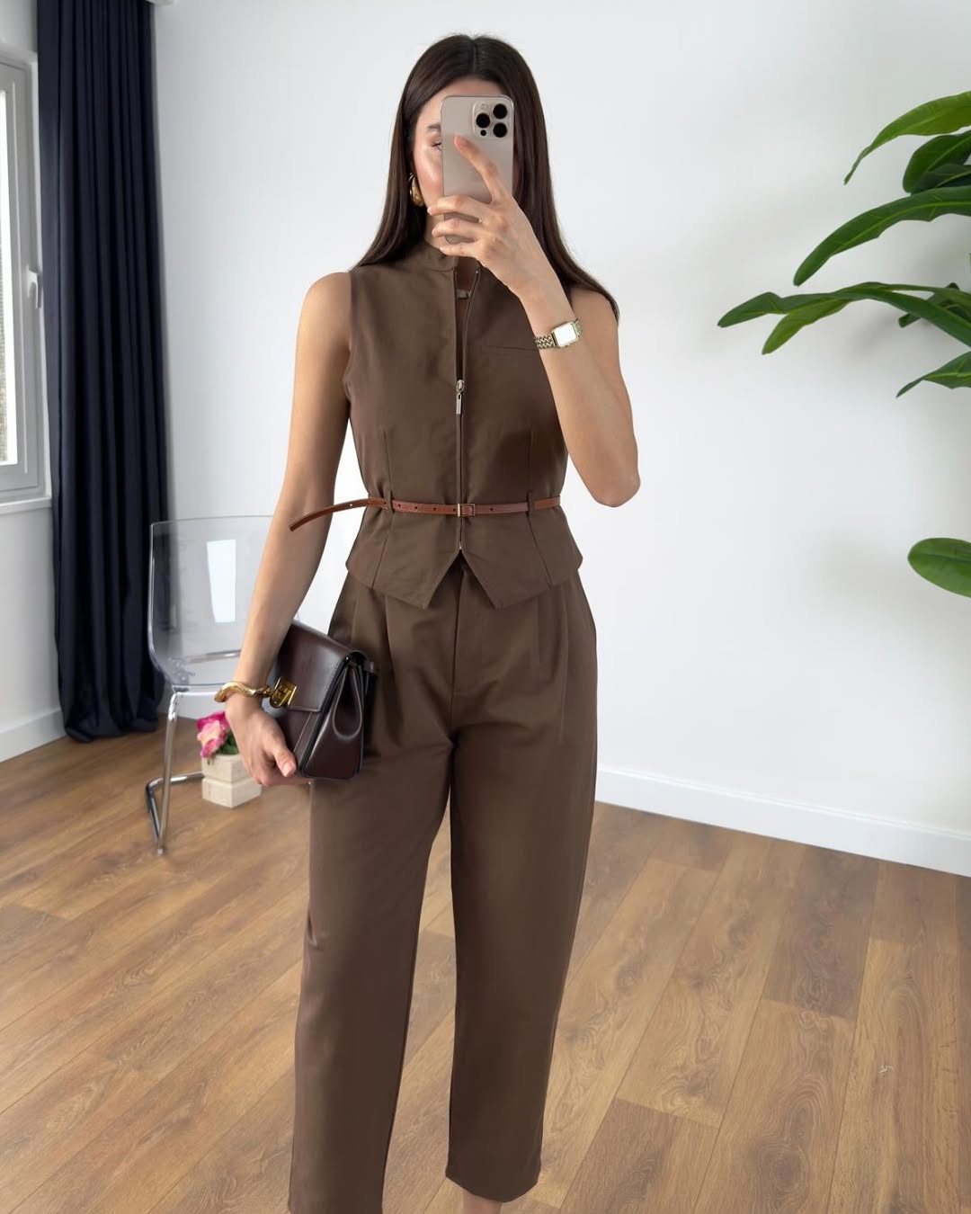Brown Belted Vest&Wide-Leg Pants Set