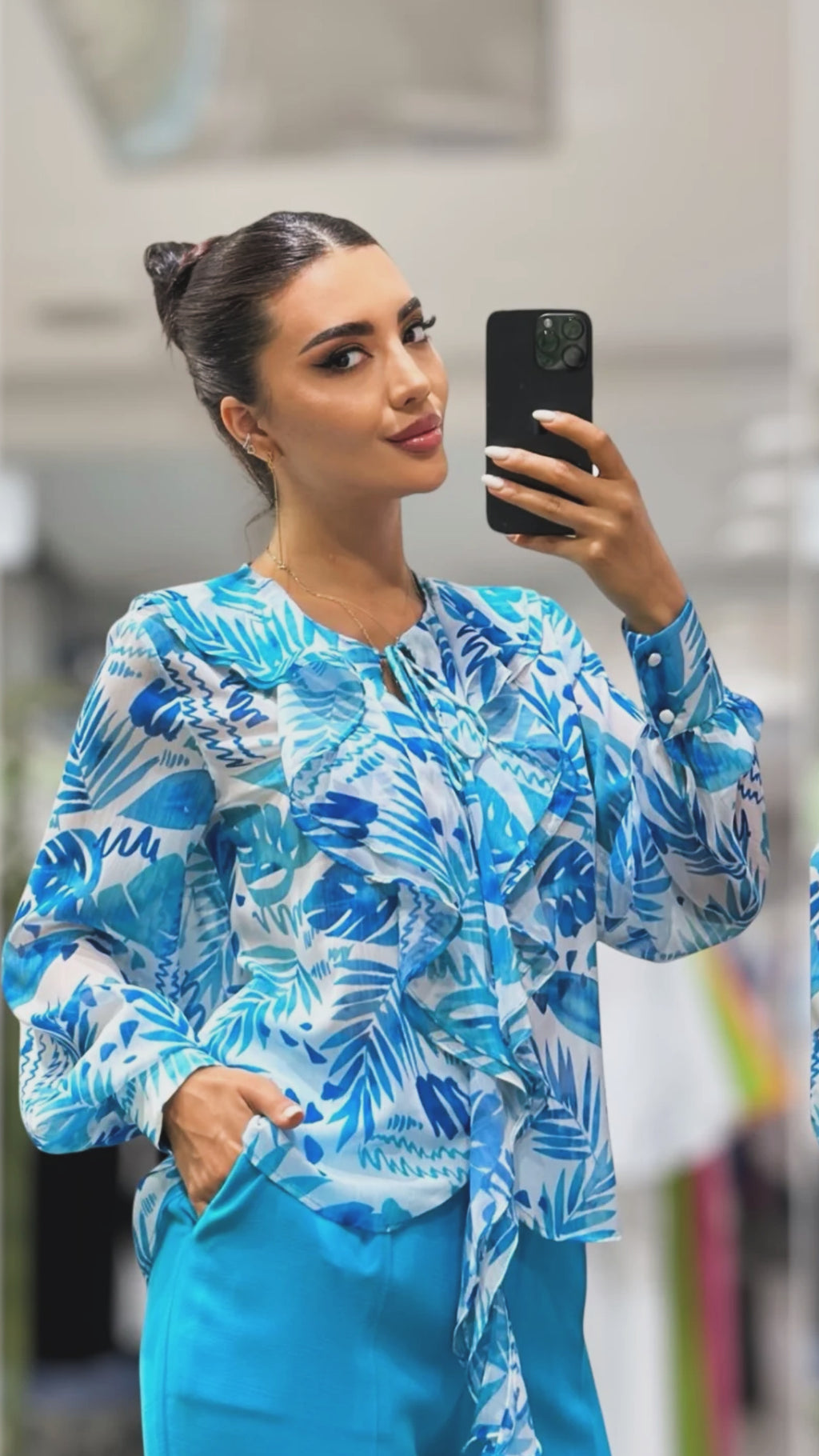 Blue Tropical Print Blouse