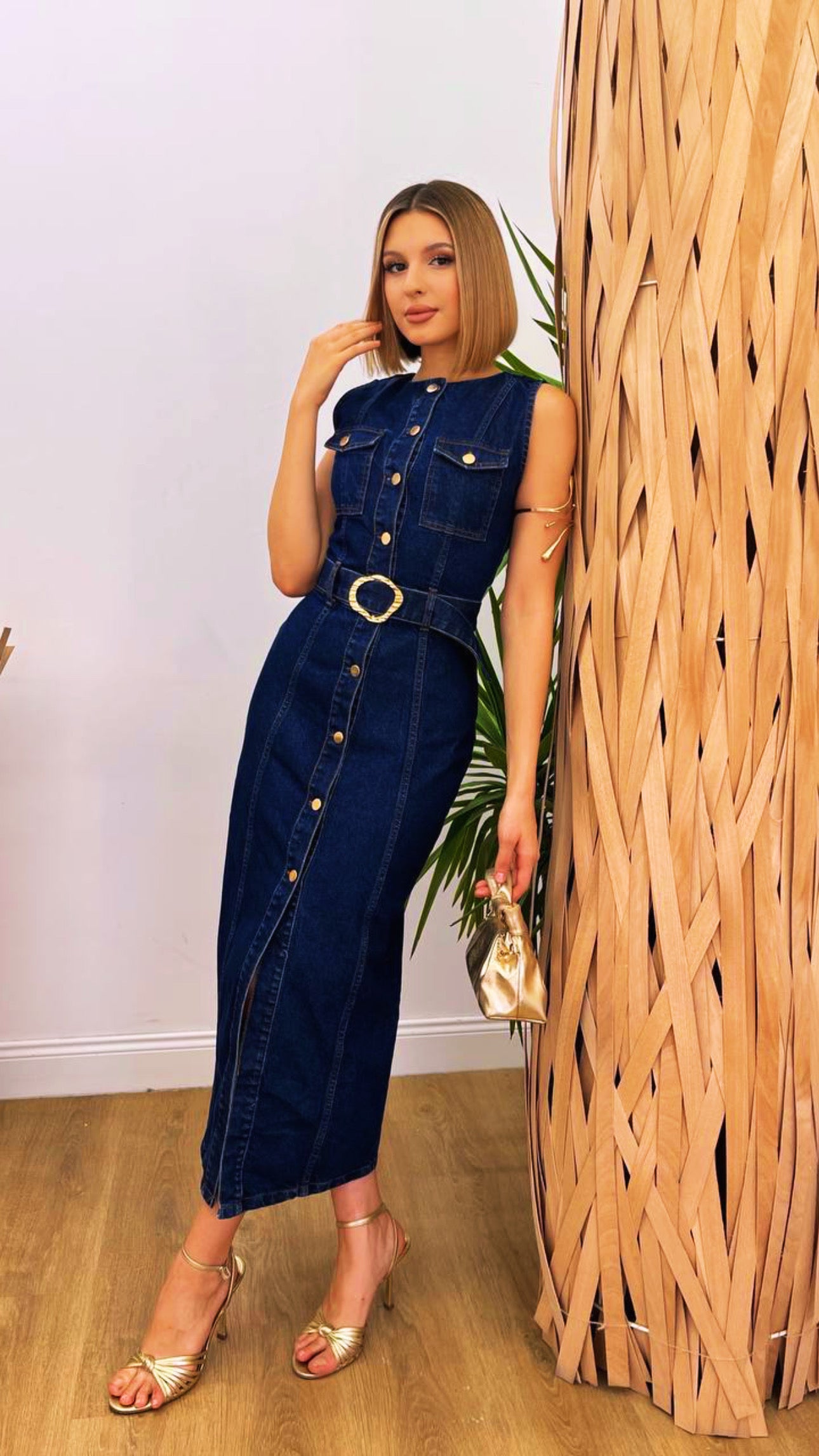 Button Denim Midi Dress