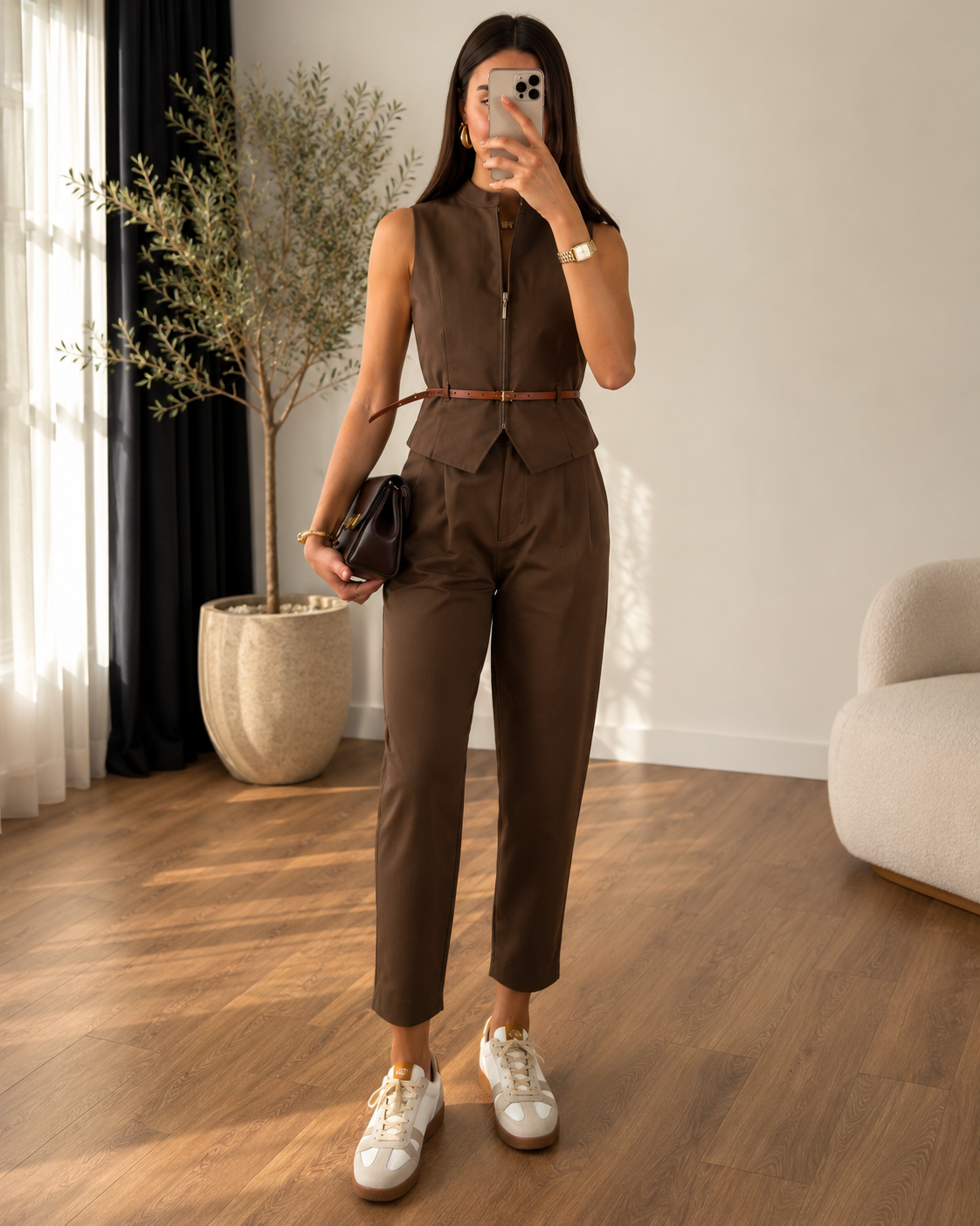 Brown Belted Vest&Wide-Leg Pants Set