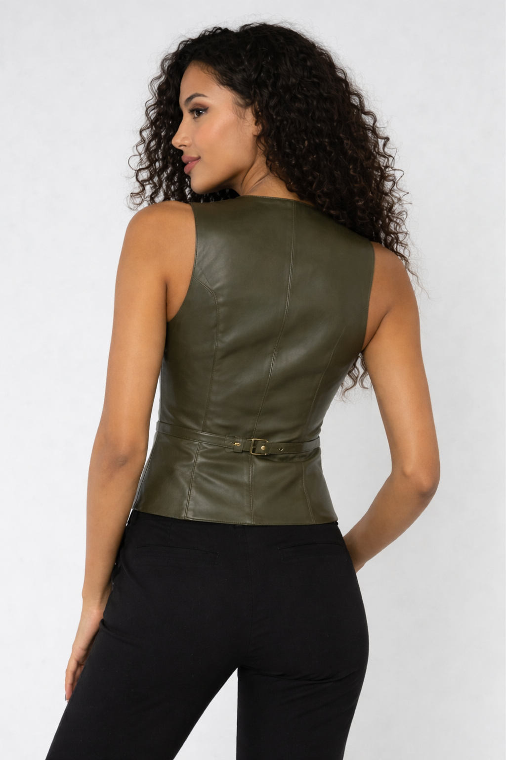 Olive Leather Button Vest