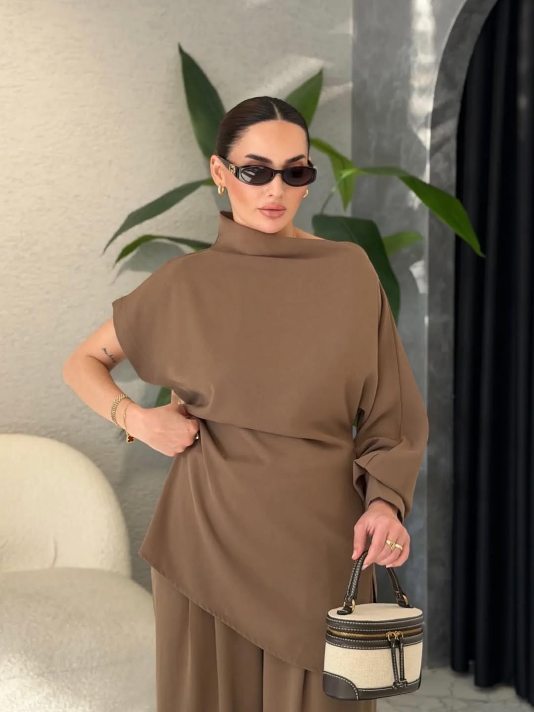 Mocha one-shoulder set