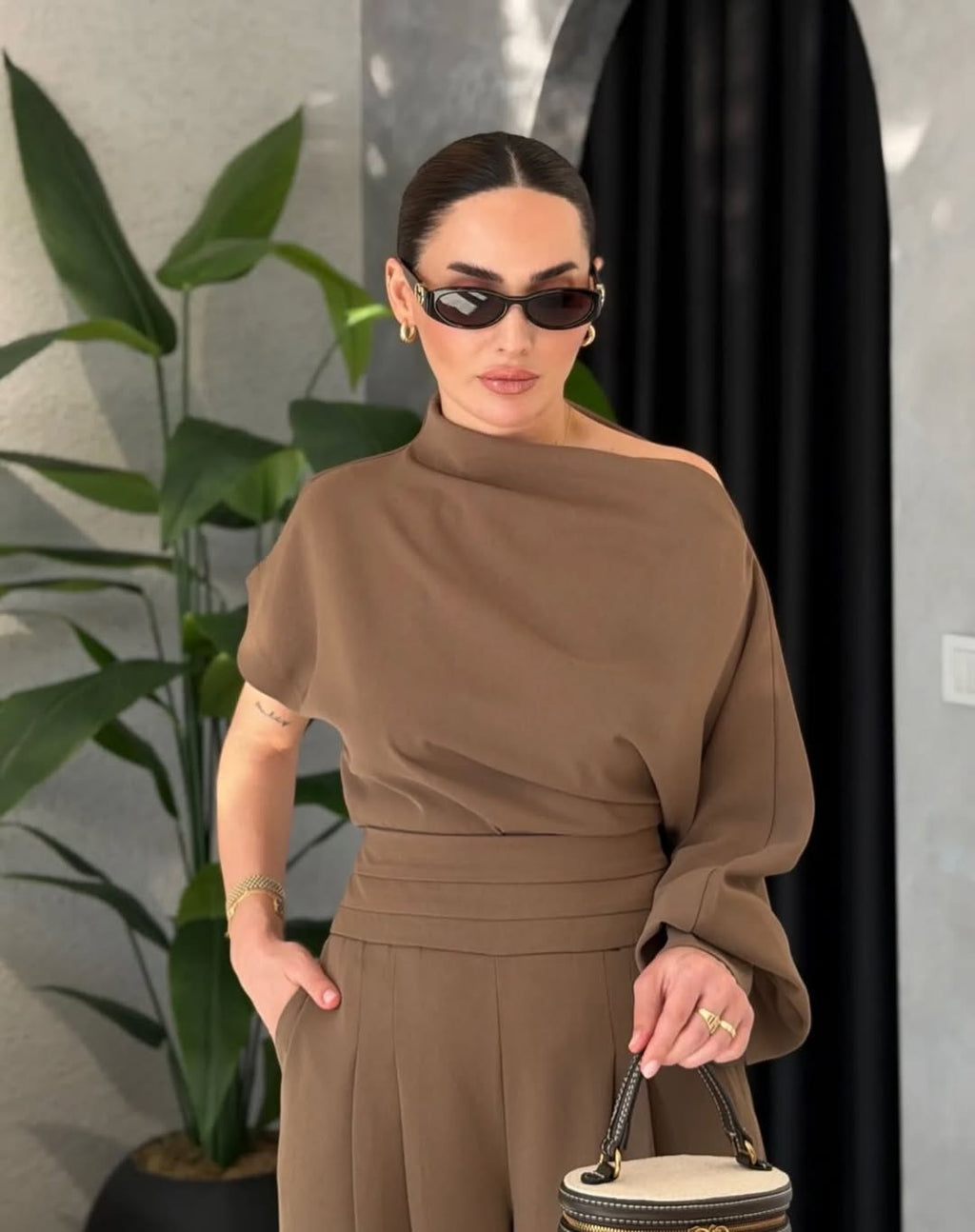 Mocha one-shoulder set
