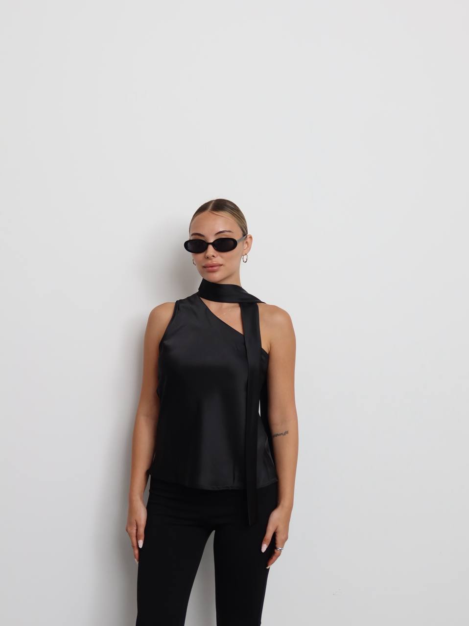 Black Satin One-Shoulder Scarf Top