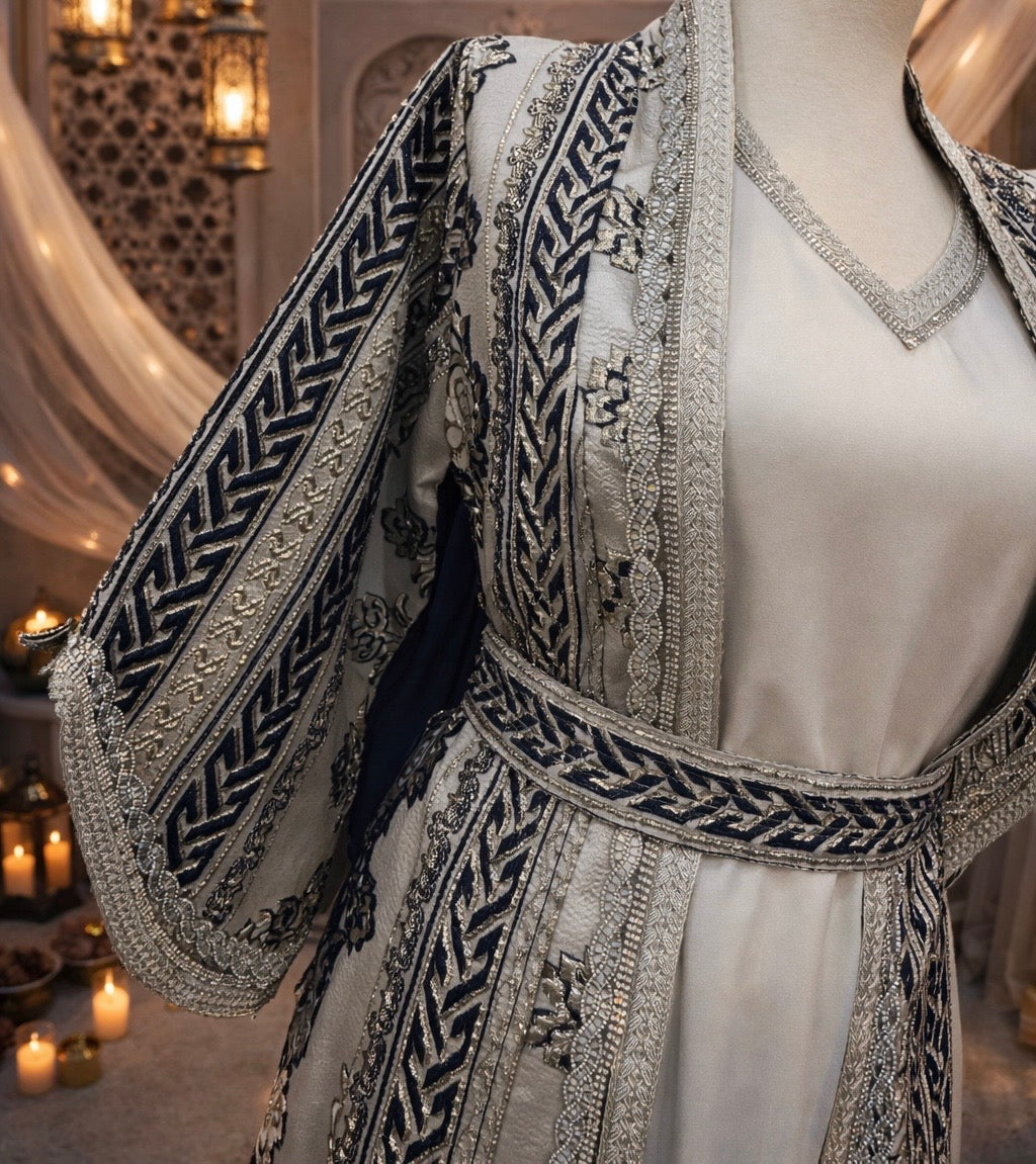 Grey& Navy Blue Embroidered Kaftan