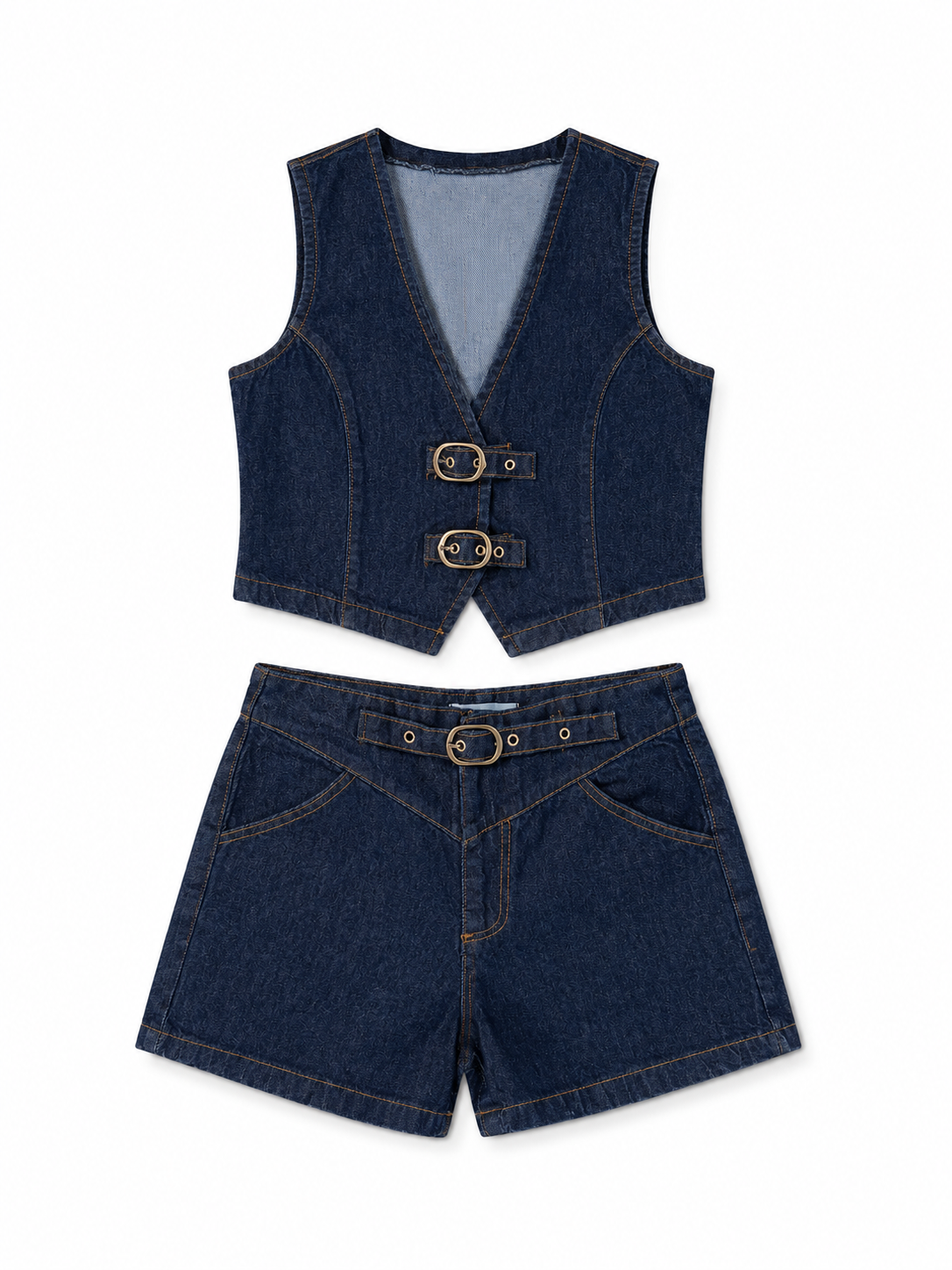 Denim Buckle Vest & Shorts Set
