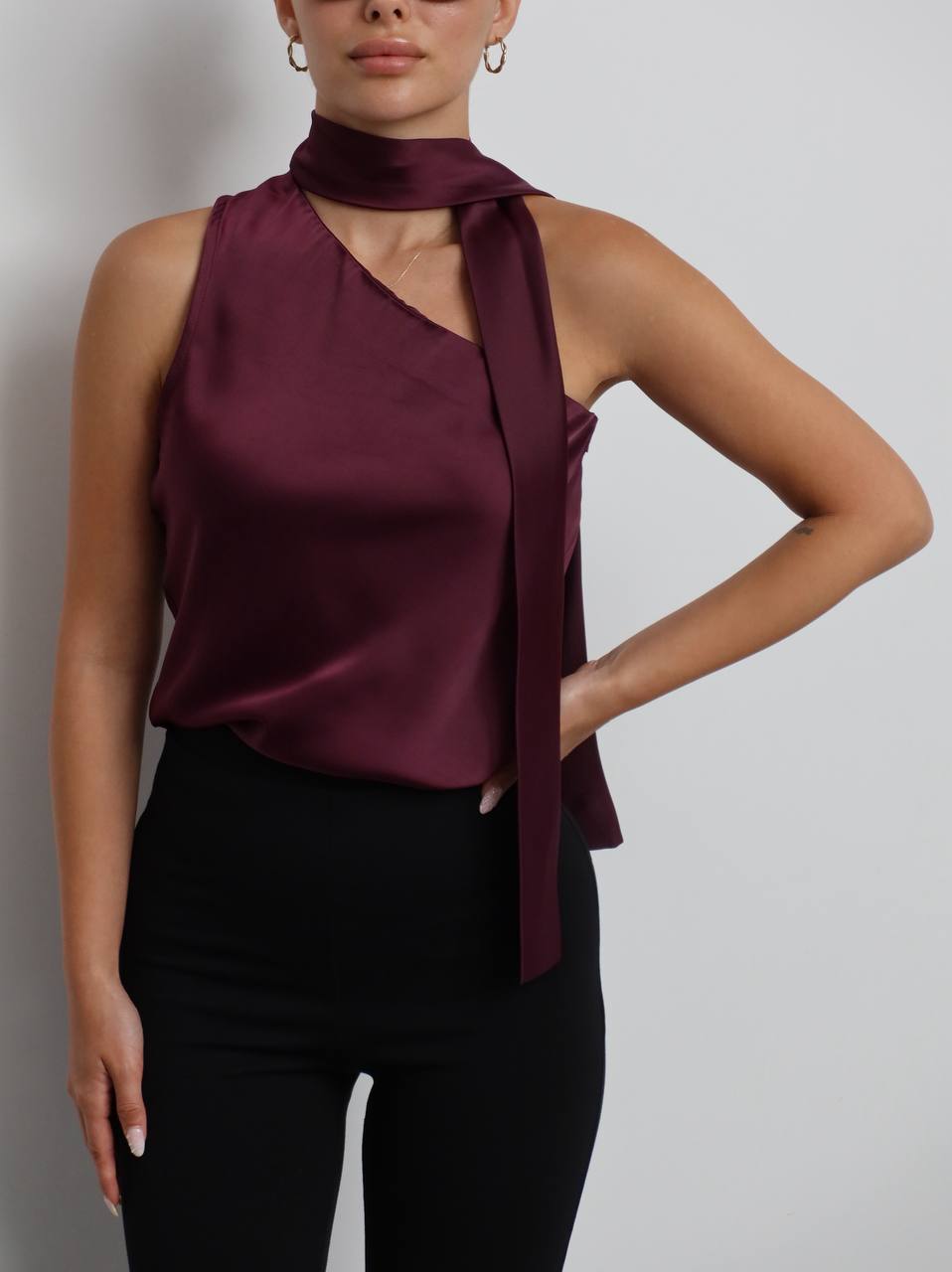 Burgundy Satin One-Shoulder Scarf Top