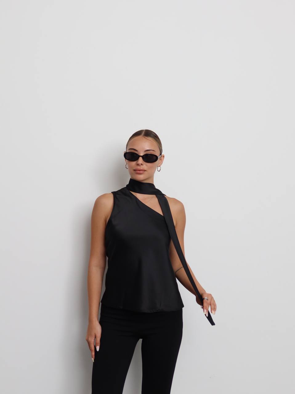 Black Satin One-Shoulder Scarf Top – Chic Corner