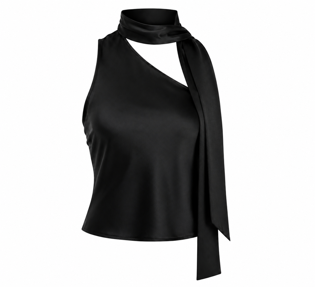 Black Satin One-Shoulder Scarf Top
