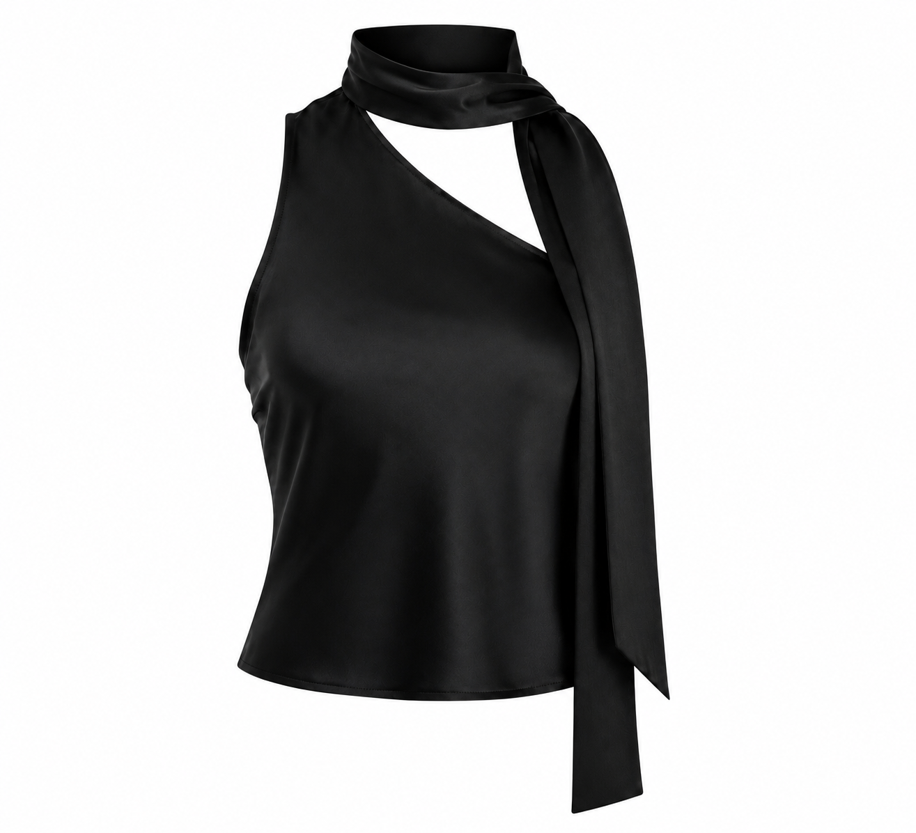 Black Satin One-Shoulder Scarf Top