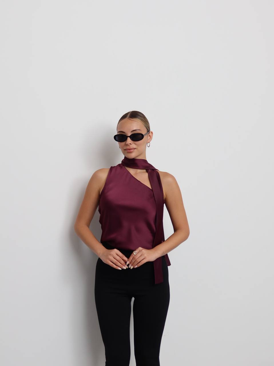 Burgundy Satin One-Shoulder Scarf Top