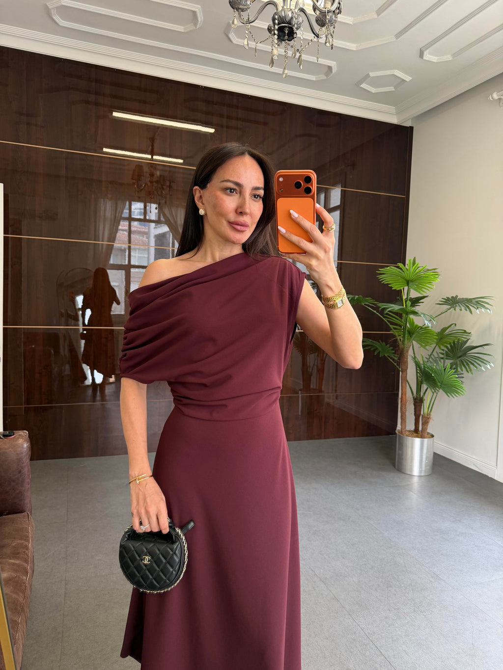 Burgundy One-Shoulder Midi Dress