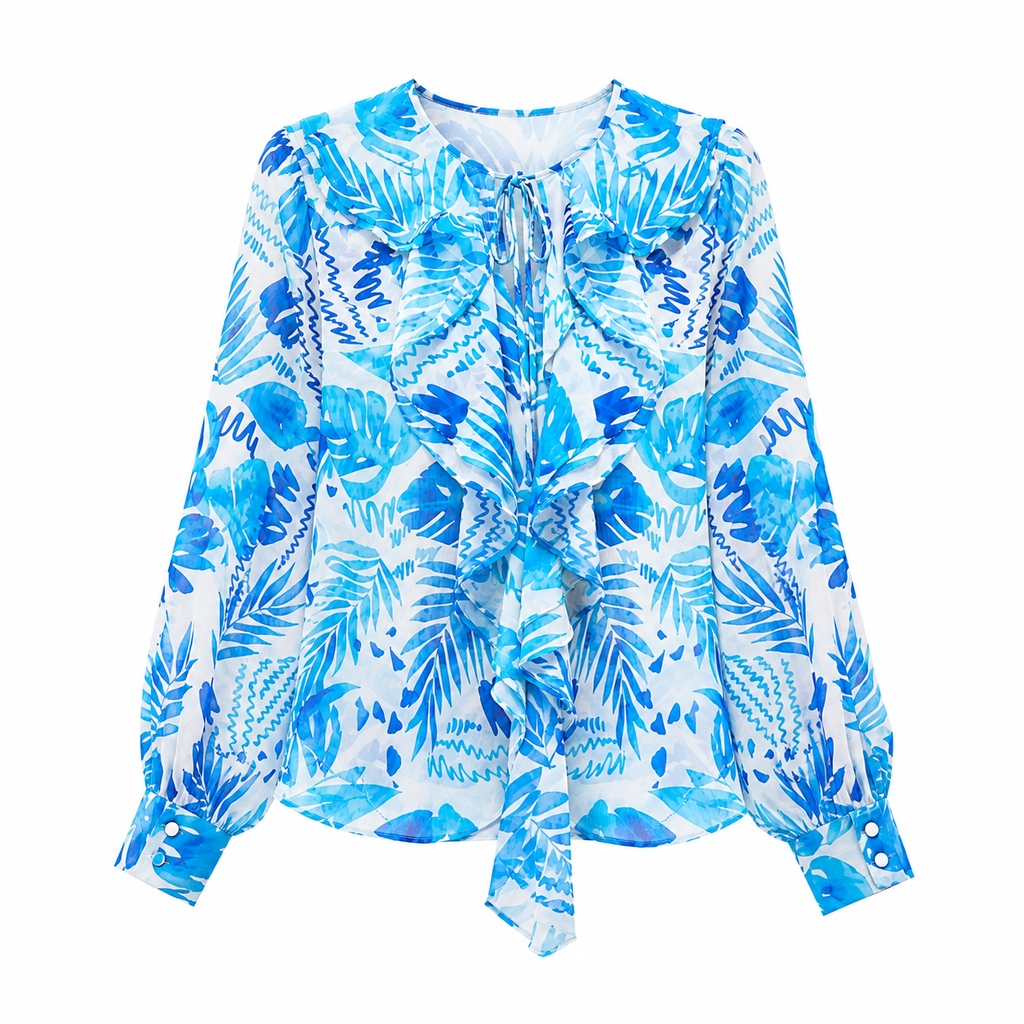 Blue Tropical Print Blouse
