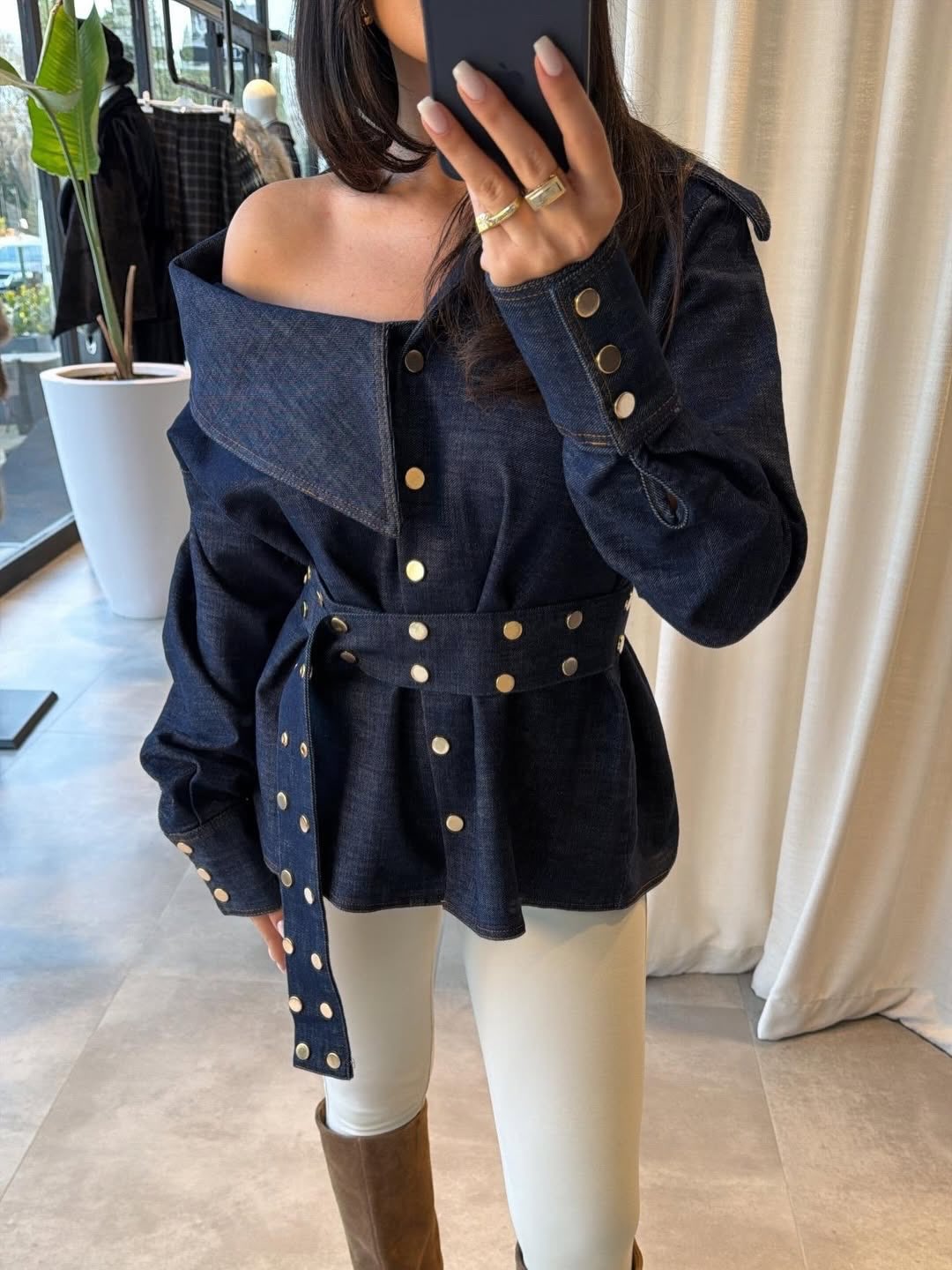 Denim Off-Shoulder Belted Top