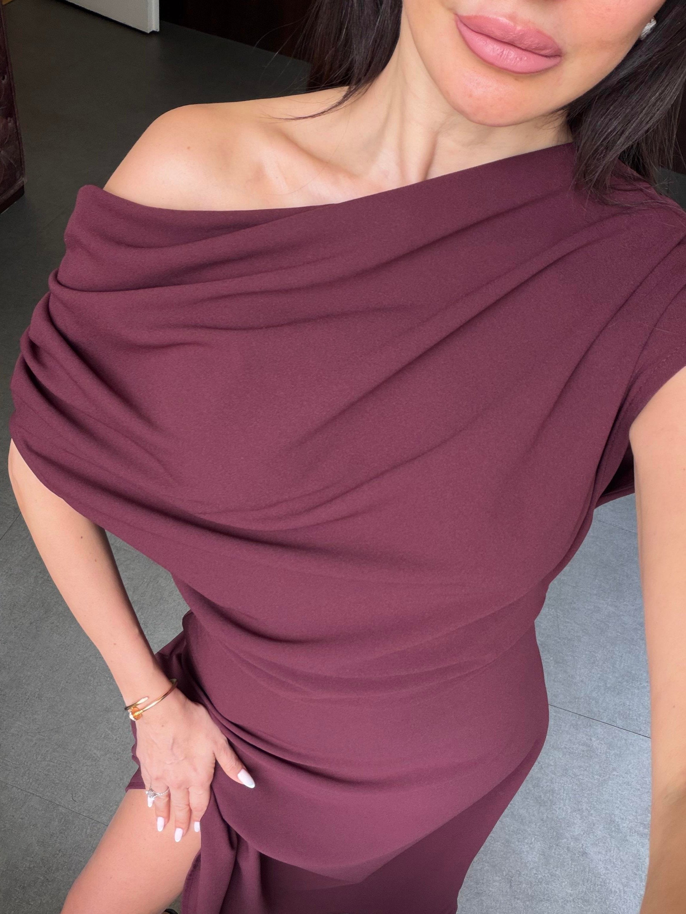 Burgundy One-Shoulder Midi Dress