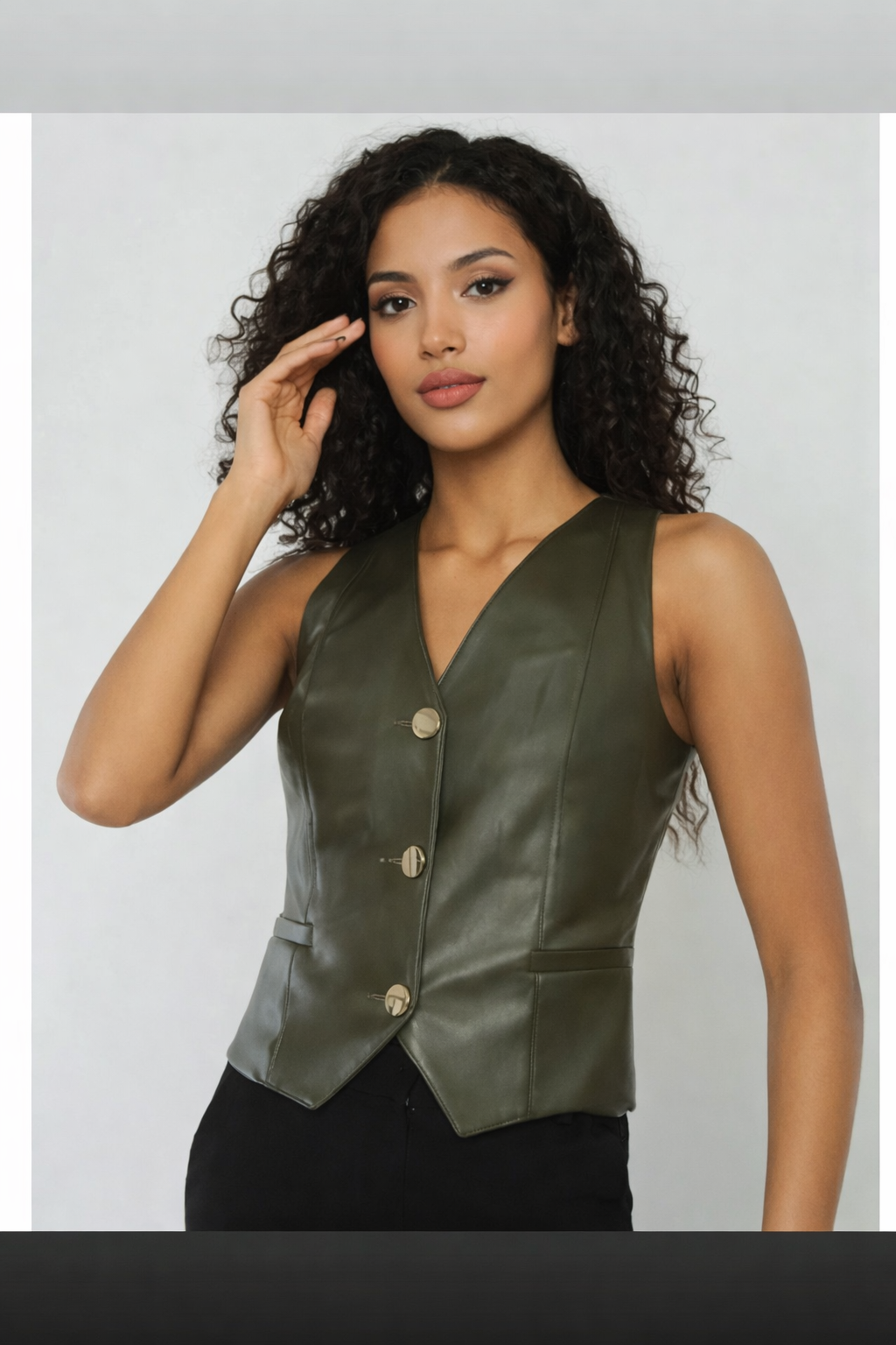 Olive Leather Button Vest