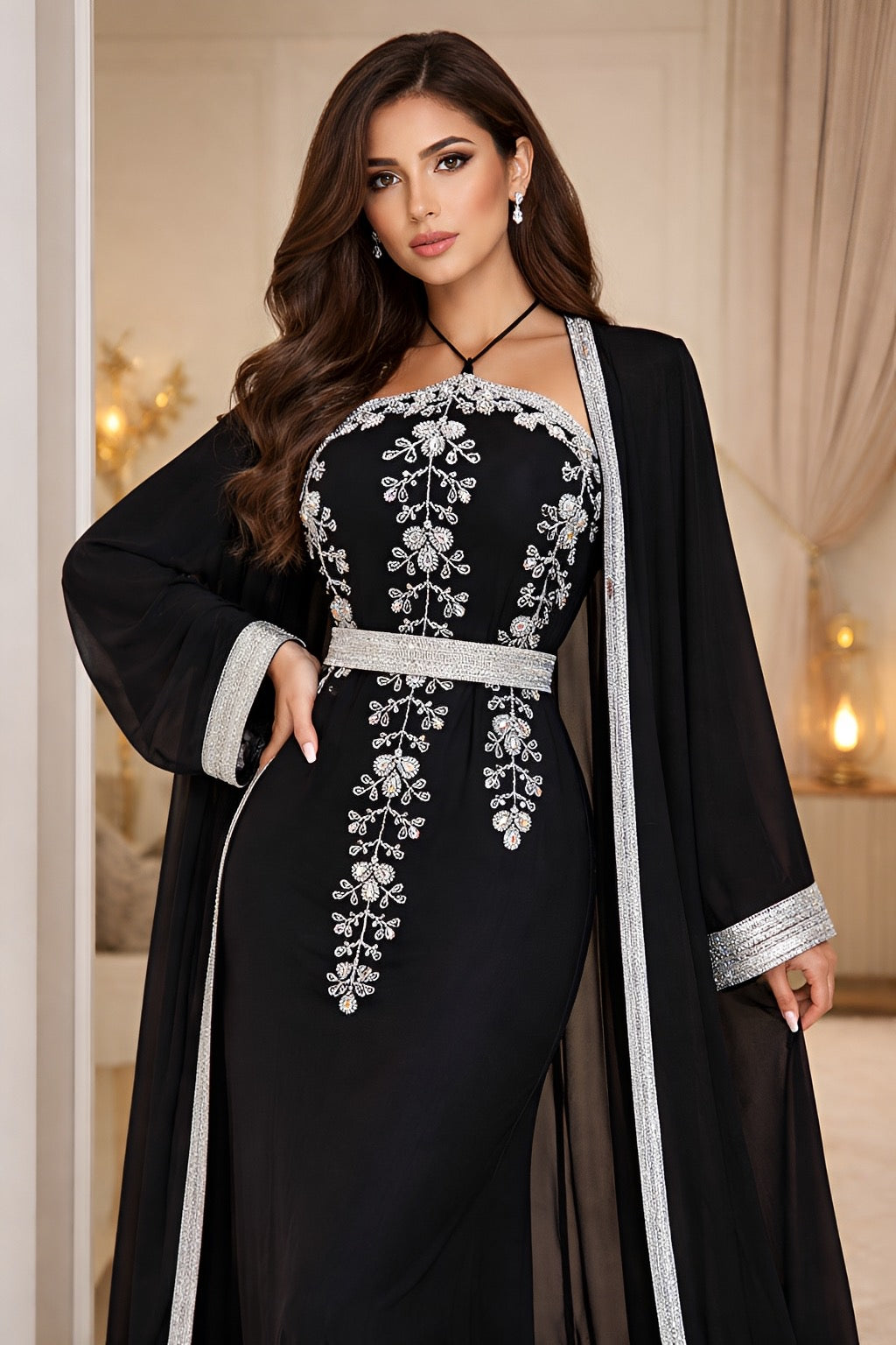 Noir Silver Embroidered Abaya