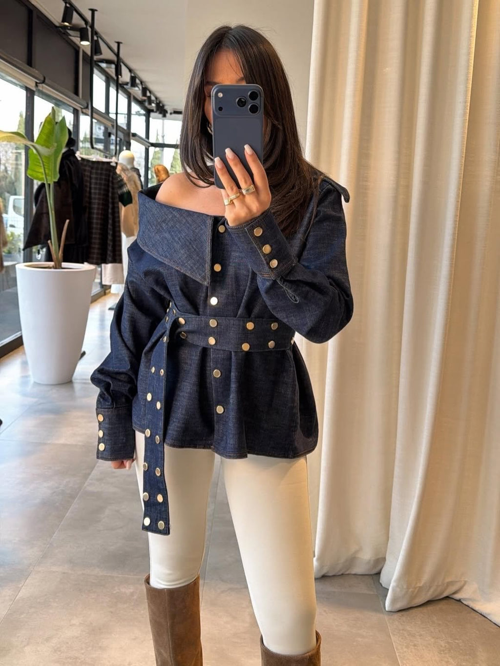 Denim Off-Shoulder Belted Top