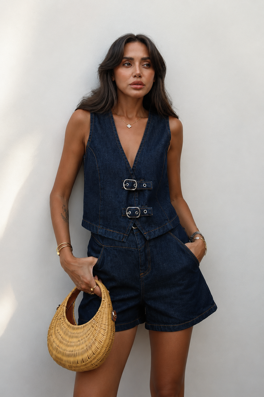 Denim Buckle Vest & Shorts Set