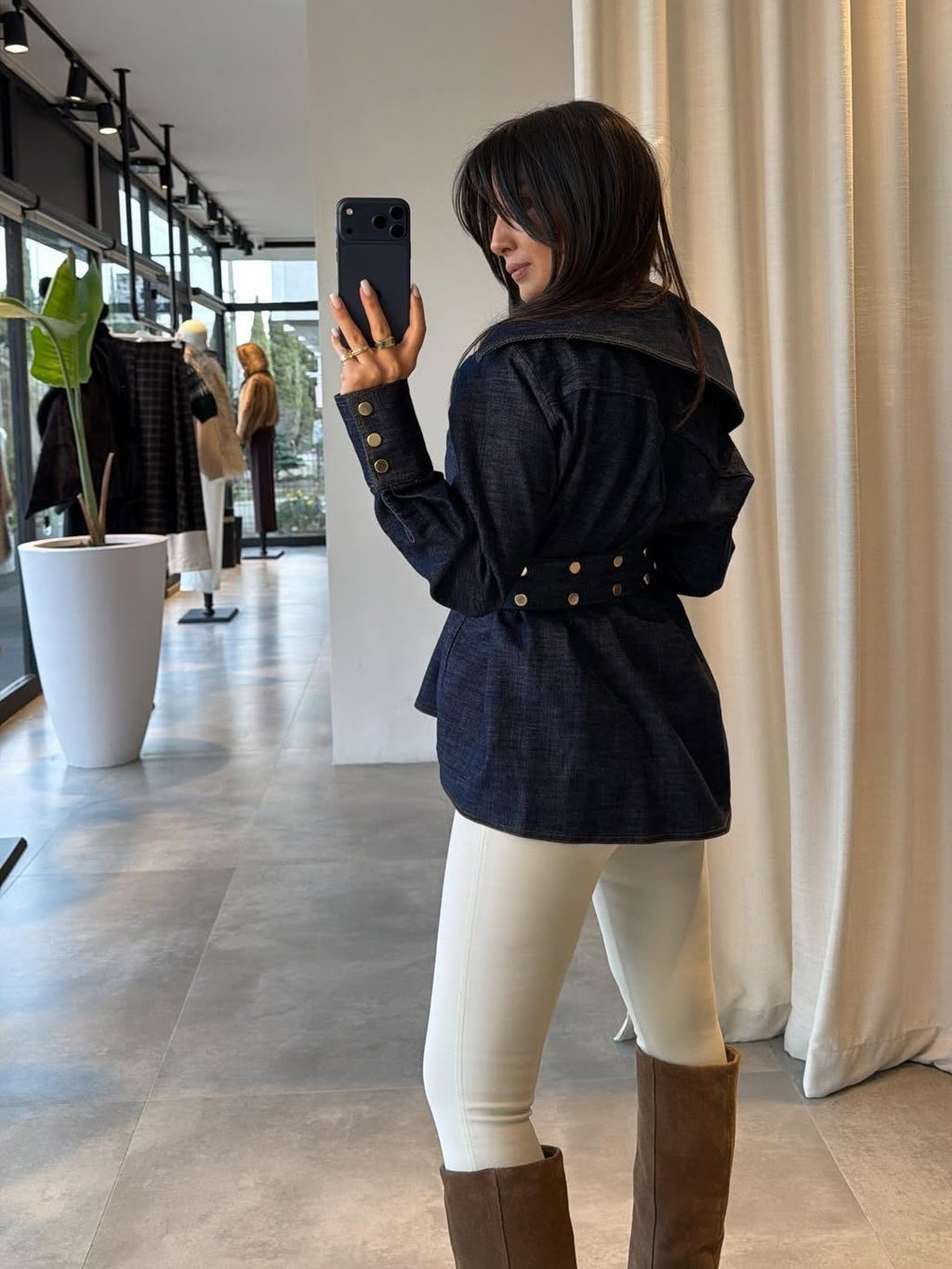 Denim Off-Shoulder Belted Top
