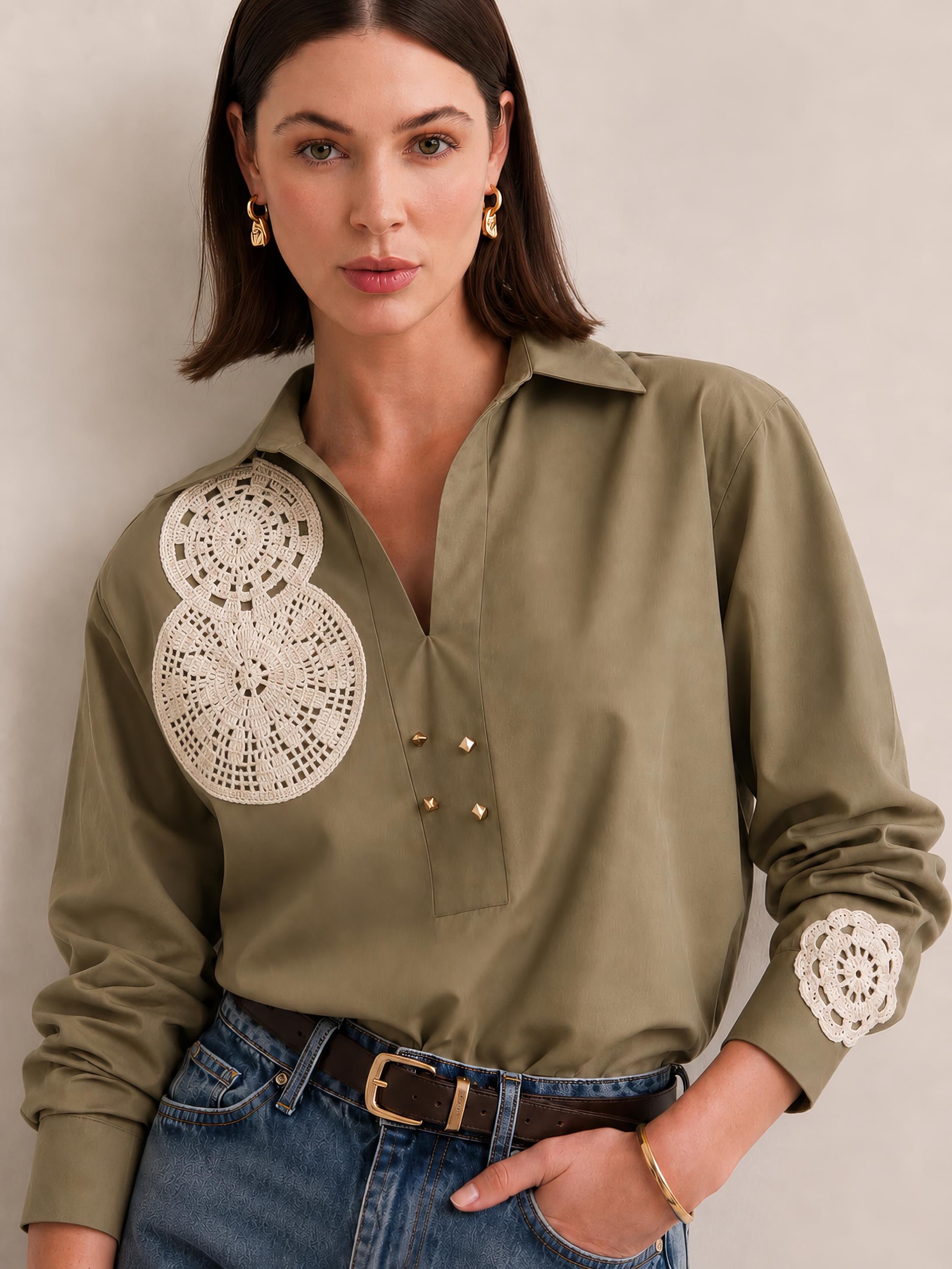 Olive Oversized Crochet Shirt