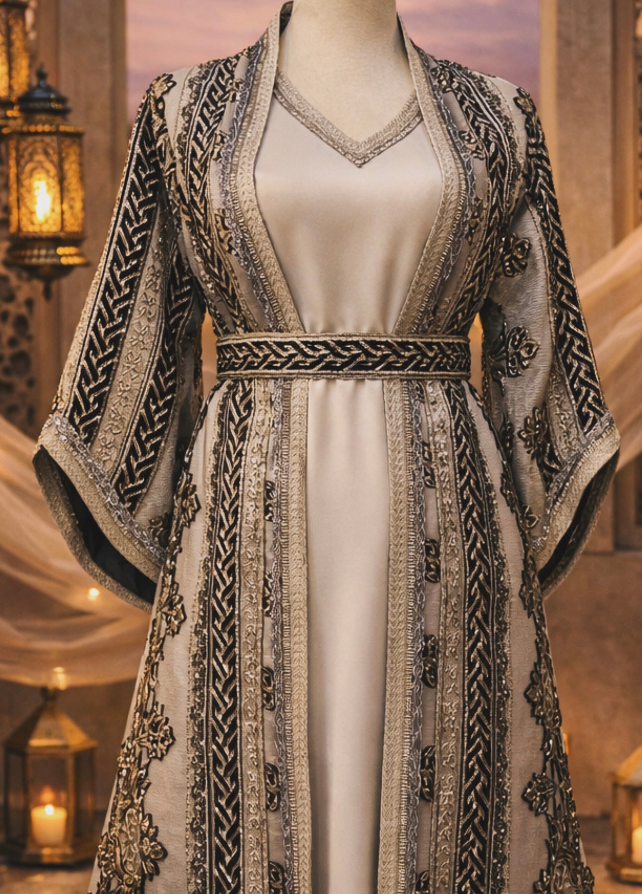 Grey& Navy Blue Embroidered Kaftan