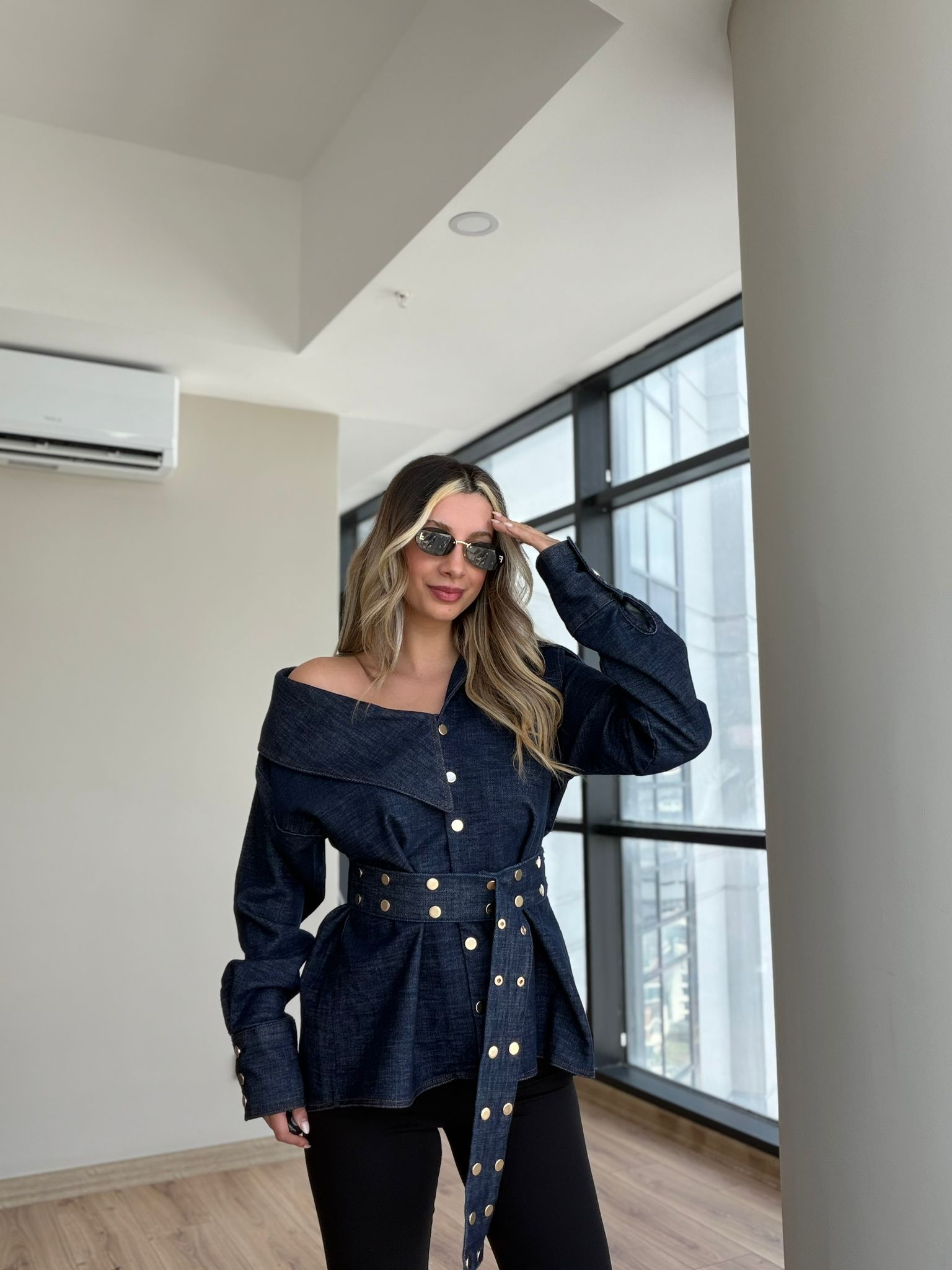 Denim Off-Shoulder Belted Top
