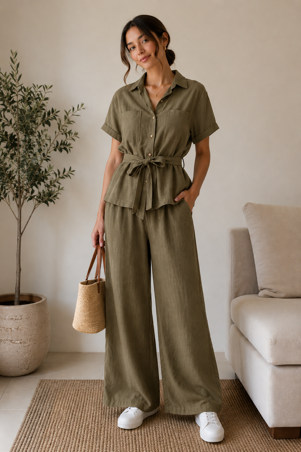 Olive Line Belted Shirt & Pant