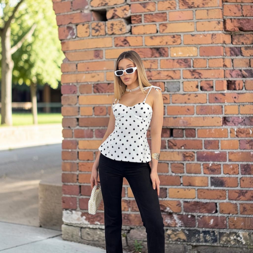 Polka Dot Tie-Strap Corset Top