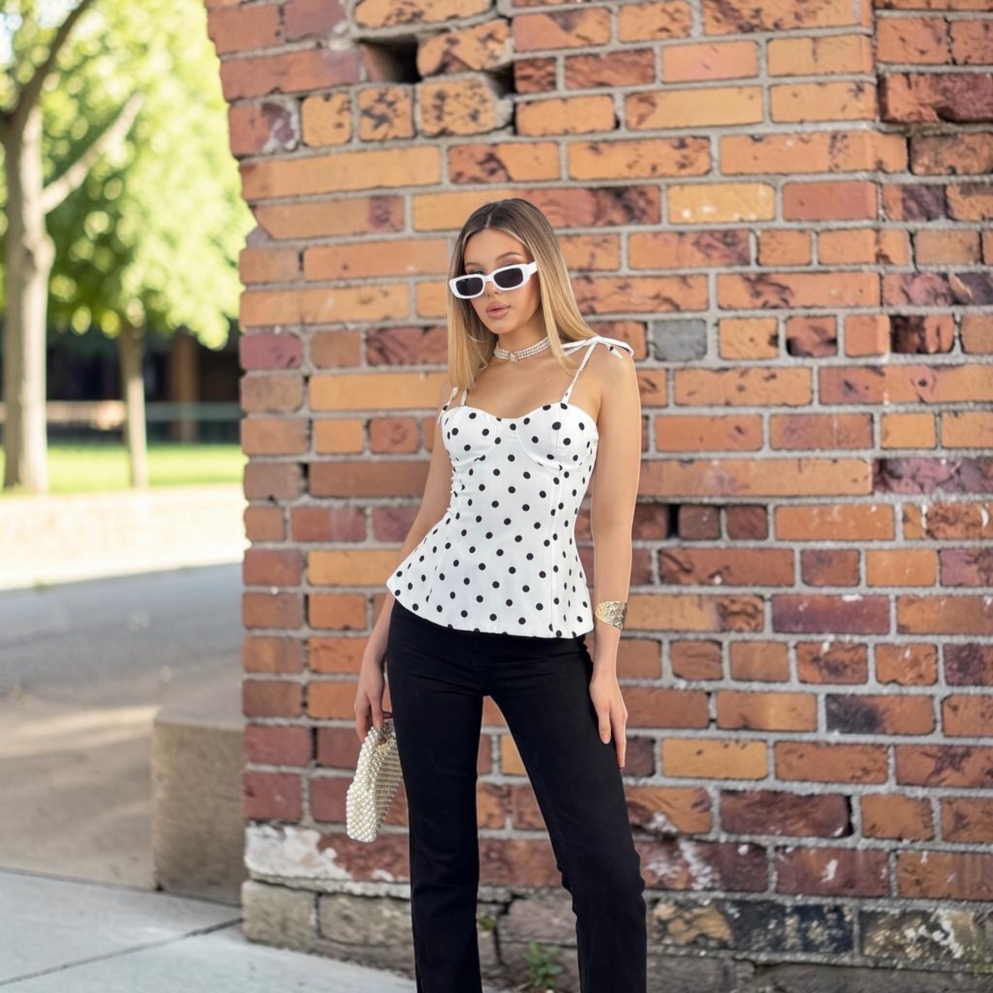 Polka Dot Tie-Strap Corset Top