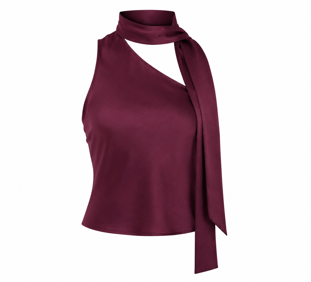 Burgundy Satin One-Shoulder Scarf Top