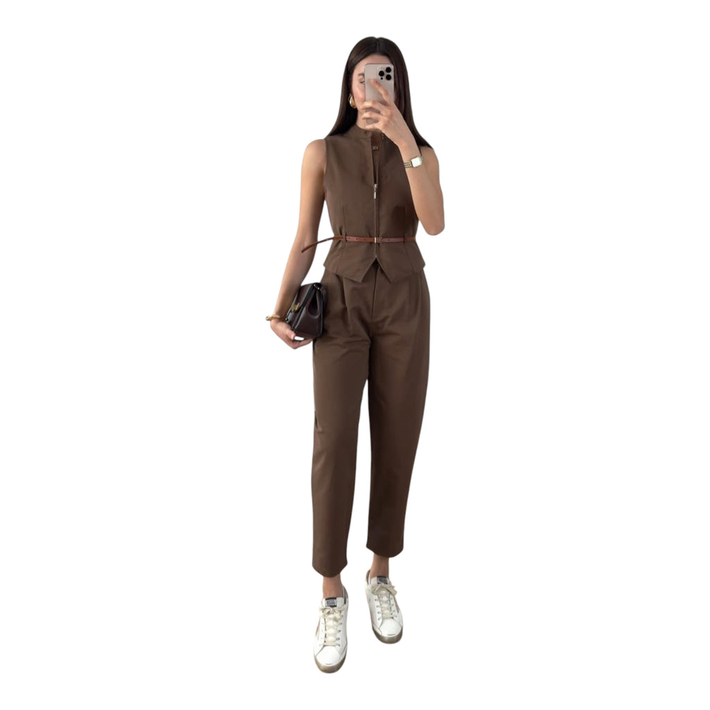 Brown Belted Vest&Wide-Leg Pants Set