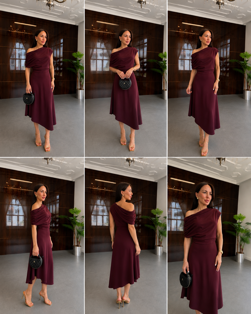 Burgundy One-Shoulder Midi Dress