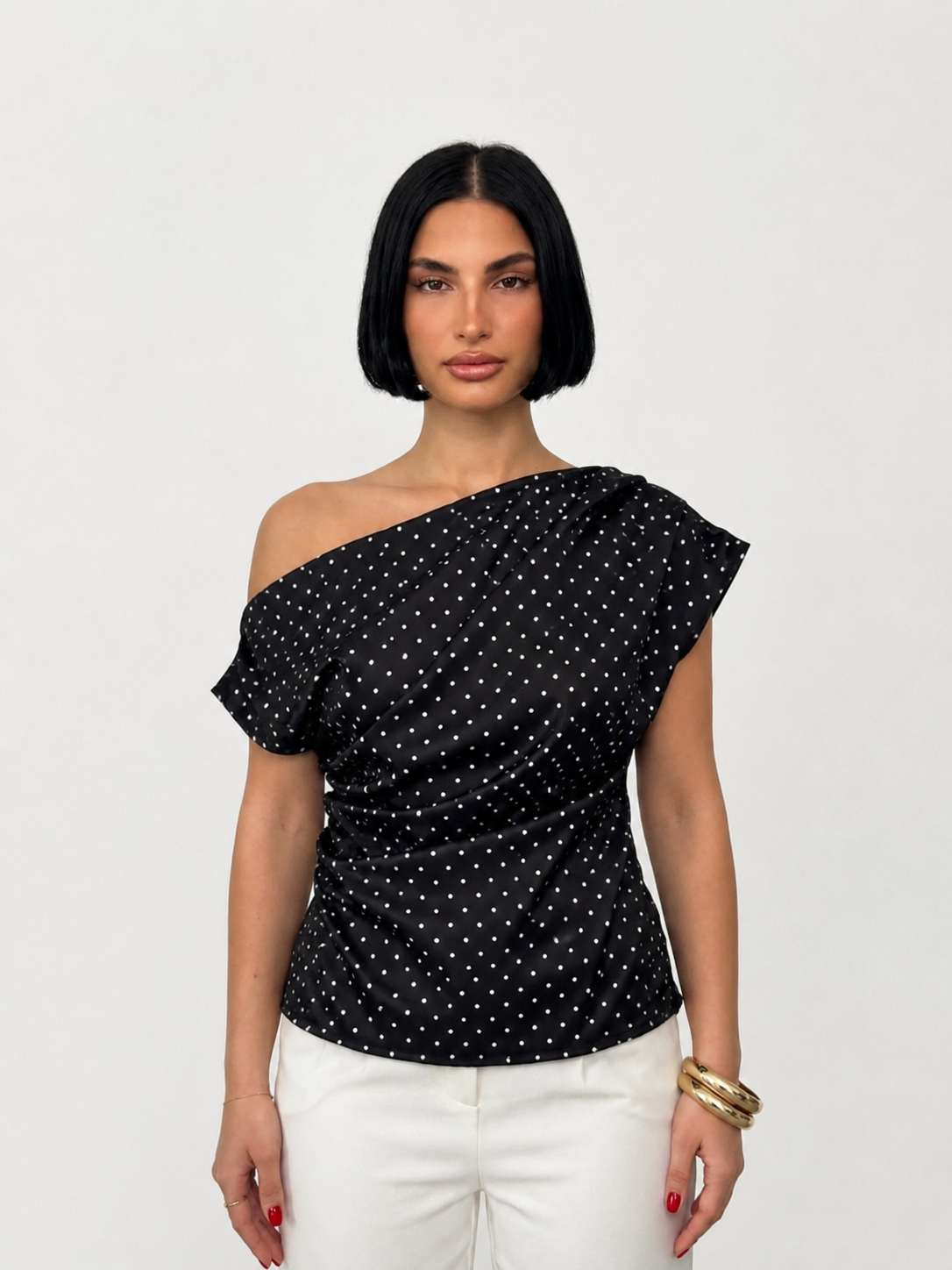 Black Polka Dot One-Shoulder Top