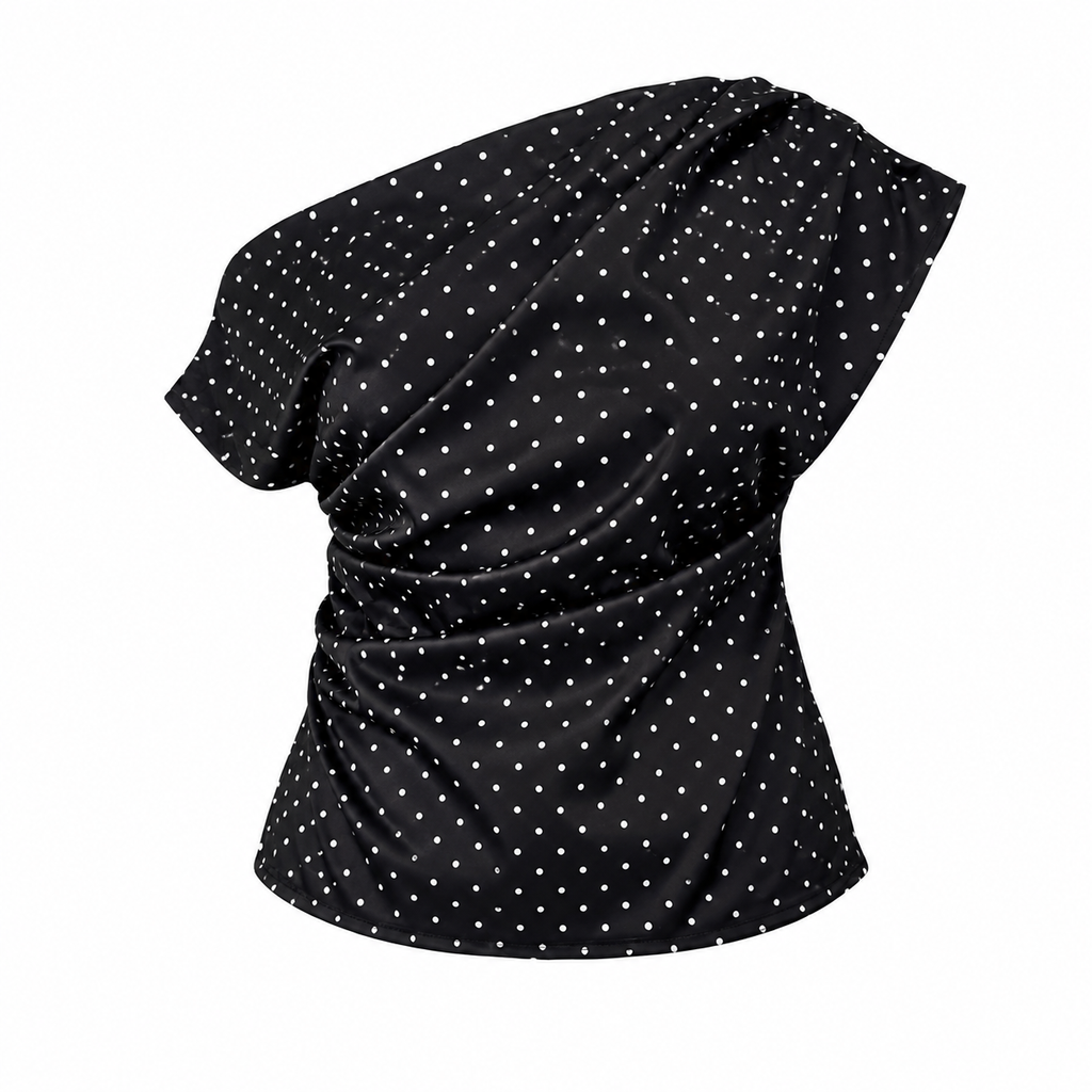 Black Polka Dot One-Shoulder Top