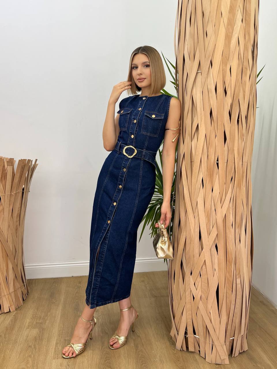 Button Denim Midi Dress