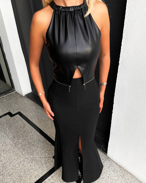 Black Halter Leather Top with Maxi Skirt