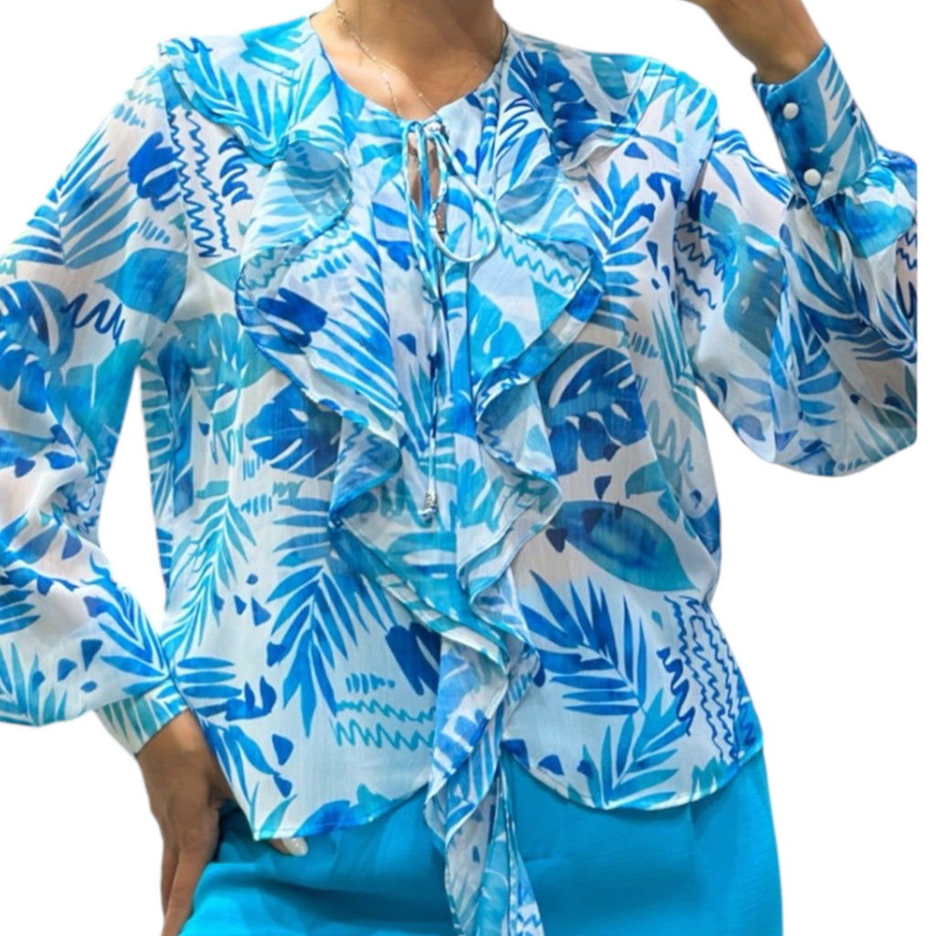 Blue Tropical Print Blouse
