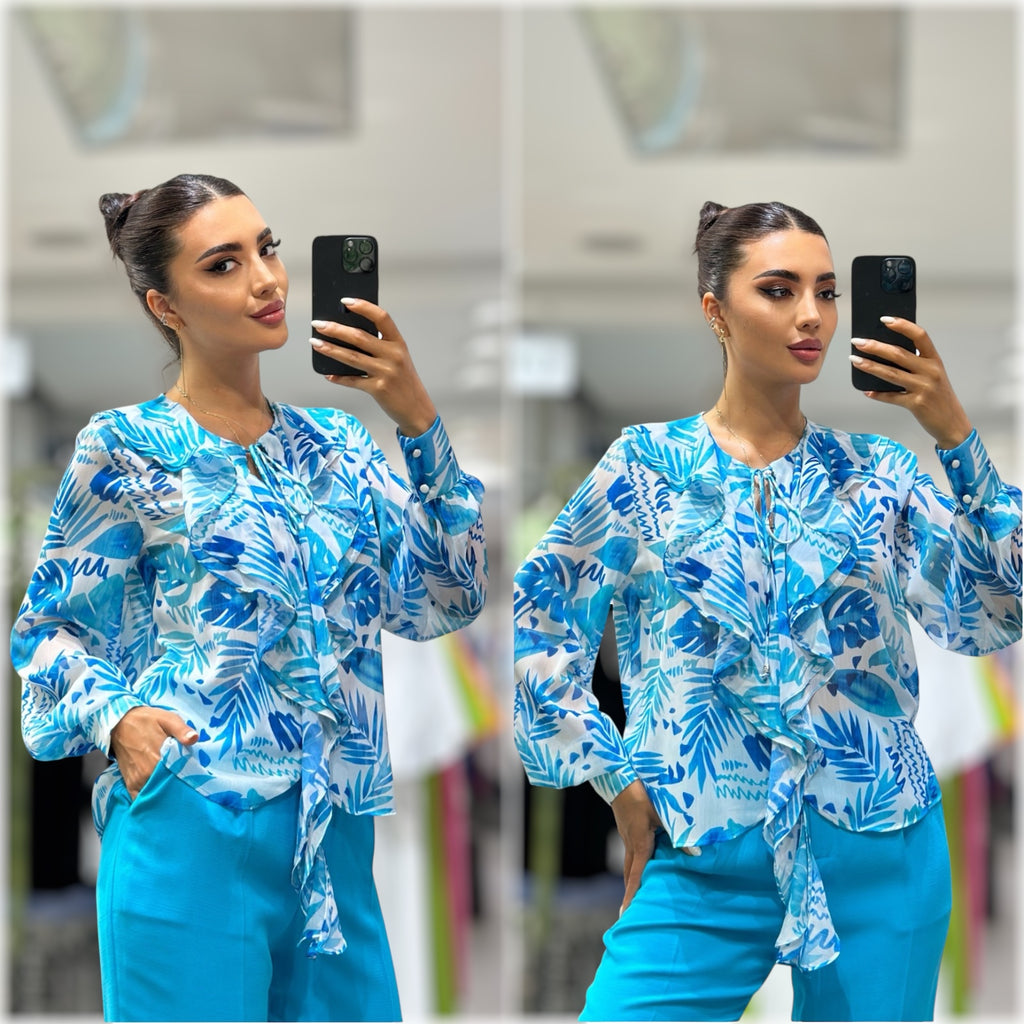 Blue Tropical Print Blouse