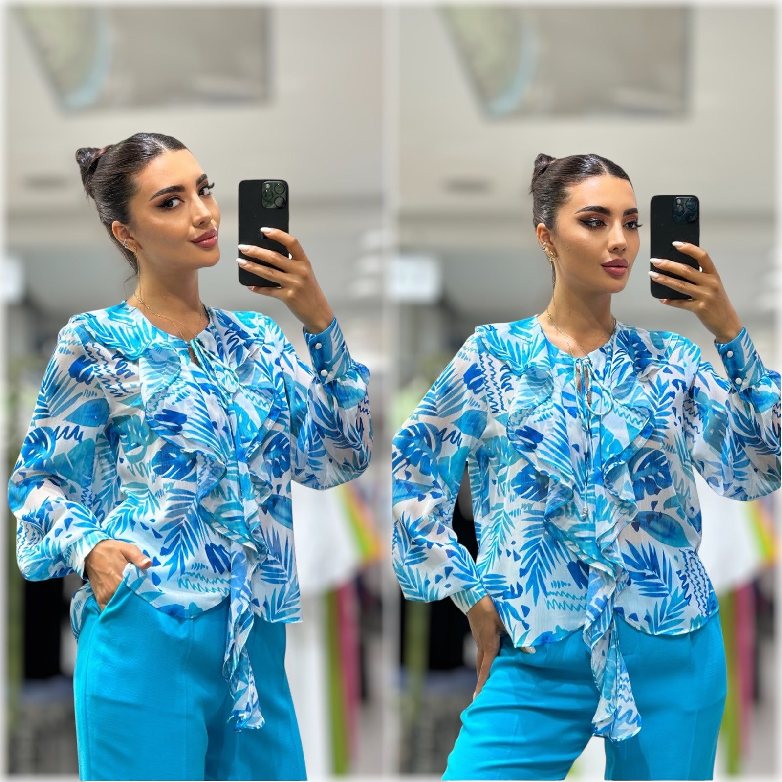 Blue Tropical Print Blouse
