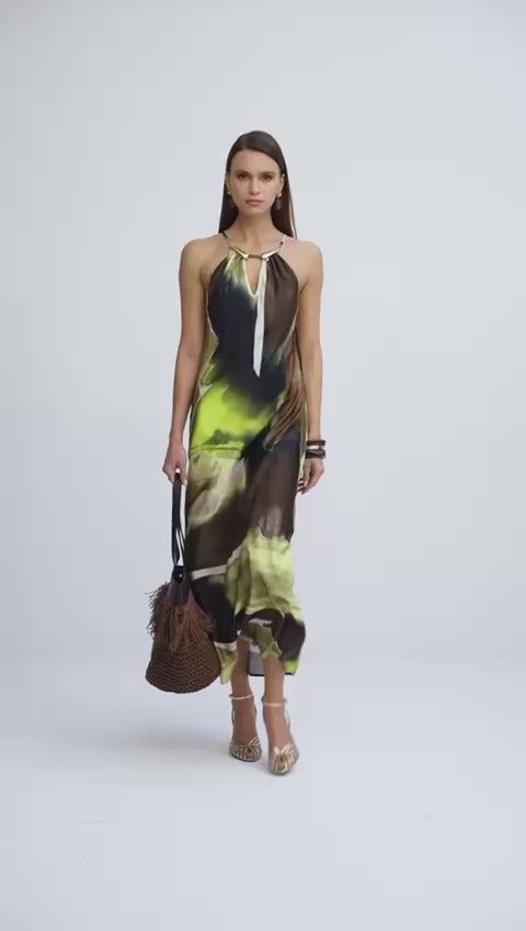 Olive Green & Brown Halter Dress